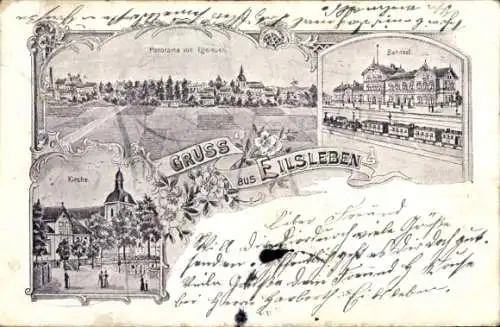 Litho Eilsleben in Sachsen Anhalt, Kirche, Bahnhof, Panorama