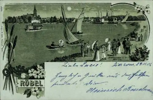 Mondschein Litho Röbel an der Müritz, Promenade, Segelboote