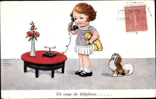 Künstler Ak Wills, John, Mädchen beim Telefonieren, Hund, Teddy