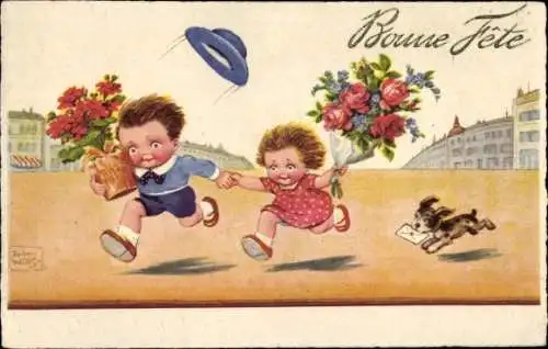 Künstler Ak Wills, John, Glückwunsch Geburtstag, Rennende Kinder mit Blumensträußen