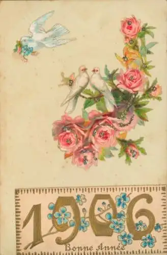 Glitzer Ak Glückwunsch Neujahr 1906, Tauben, Rosen, Vergissmeinnicht