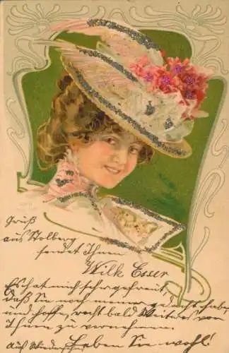 Glitzer Litho Gemaltes Portrait einer jungen Frau, Hut mit Blumen