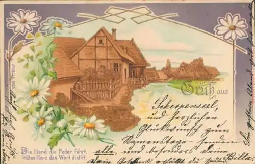 Glitzer Litho Wohnhaus am Fluss, Margeriten