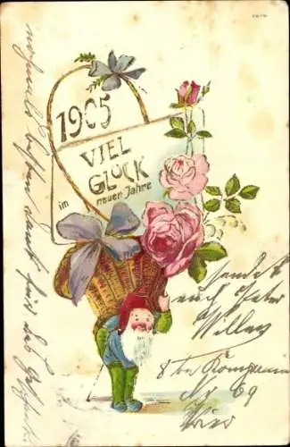 Präge Litho Glückwunsch Neujahr 1905, Zwerg, Blumenkorb, Rosen