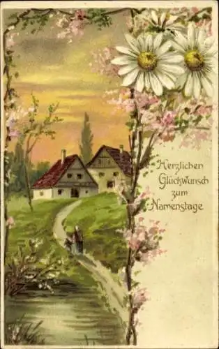 Präge Ak Glückwunsch Namenstag, Haus, Margeriten