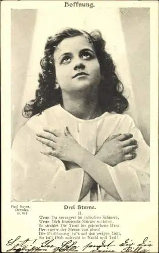 Ak Mädchen-Portrait, Allegorie, Hoffnung, Drei Sterne, Wenn du verzagest im irdischen Schmerz...