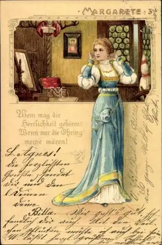 Präge Litho Faust, Margarete, Junge Frau in blauem Kleid, Wohnstube, Spinnrad