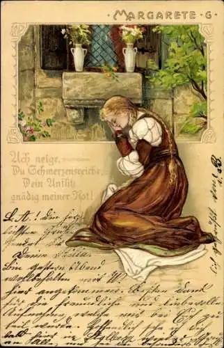 Präge Litho Margarete G., Trauriges Burgfräulein lehnt an der Wand