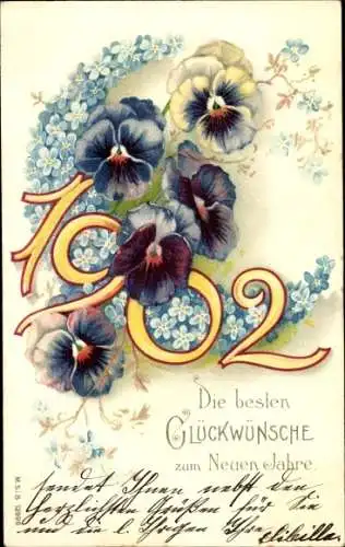 Litho Glückwunsch Neujahr 1902, Stiefmütterchen, Vergissmeinnicht