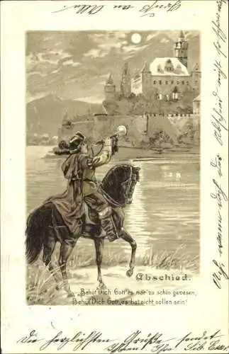 Mondschein Präge Litho Trompeter von Säckingen, Abschied, Behüt Dich Gott