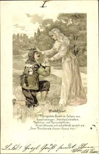 Präge Litho Waldfest, Frau, Trompeter von Säckingen, Liebespaar