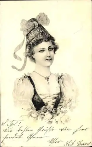 Litho Portrait einer jungen Frau in Volkstracht, Hut, Halsanhänger