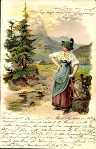 Litho Junge Frau in Volkstracht, Bergspitze, Tannenbäume