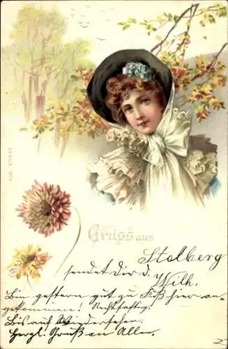 Litho Gemaltes Portrait einer Frau, Hut, Schleife, Blumen
