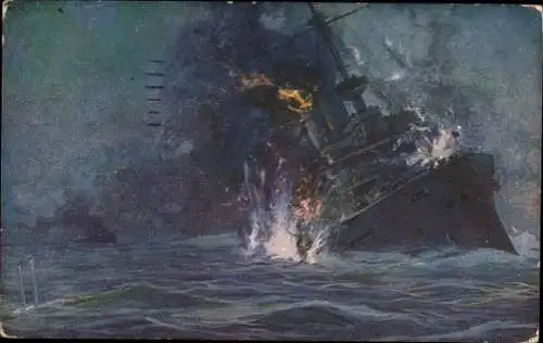 Künstler Ak Schulze, Hans Rudolf, Deutsches U Boot versenkt englisches Linienschiff HMS Formidable