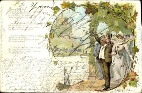 Künstler Litho Sutier, Liebespaar, Spaziergang, Gedicht, Sektglas