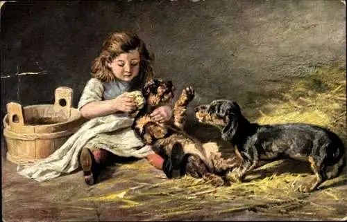 Künstler Ak Kleines Mädchen wäscht ihre zwei Dackel