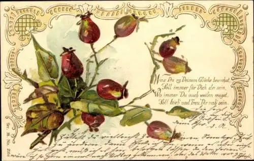 Präge Litho Glückwunsch, Rosen, Knospen, Kitsch