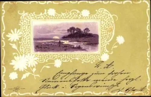 Präge Passepartout Litho Blumen, Mensch am Fluss