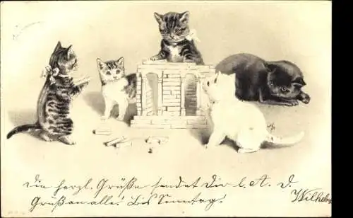 Litho Katzen bauen ein Schloss