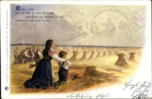 Künstler Litho Döcker, E., Bauern beten auf dem Acker, Landwirtschaft, Vater unser der du bist