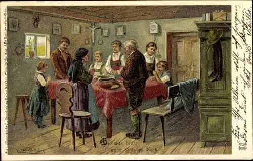 Künstler Litho Döcker, E., Familie beim Tischgebet, Gib uns heute unser tägliches Brot