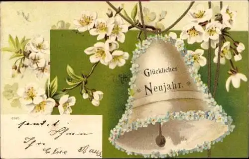 Litho Glückwunsch Neujahr, Glocke, Vergissmeinnicht, Blühender Baum
