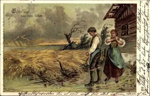 Künstler Litho Döcker, E., Erlöse uns von dem Übel, Sturm, betende Bauern