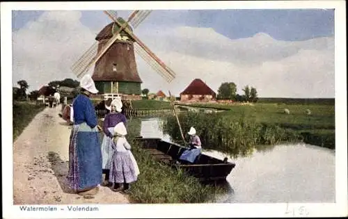 Ak Volendam Nordholland Niederlande, Watermolen, Windmühle, Trachten, Mädchen