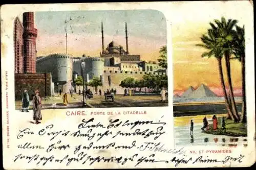 Künstler Ak Cairo Kairo Ägypten, Zitadellentor, Nil und Pyramiden