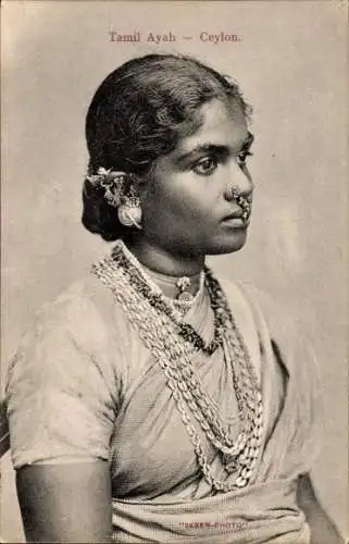 Ak Ceylon Sri Lanka, Tamil Ayah, Seitenportrait, Frau mit Schmuck
