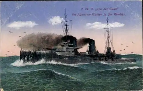 Ak Deutsches Kriegsschiff, SMS von der Tann, Kaiserliche Marine, bei schwerem Wetter in der Nordsee