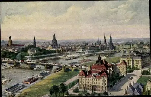 Ak Dresden, Totalansicht, Zeppelinaufnahme der Ministerien und Altstadt