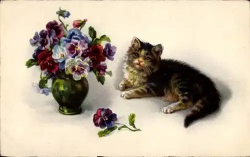 Litho Getigerte Katze, liegend, Blumenvase, Stiefmütterchen