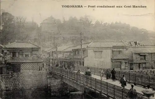 Ak Yokohama Präf. Kanagawa Japan, Brücke, die zu den Hundert Stufen führt