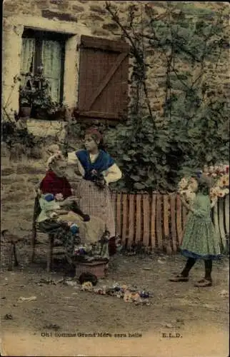 Ak Frankreich, Oma beim Stricken, Enkelin mit Blumen, Geschenk