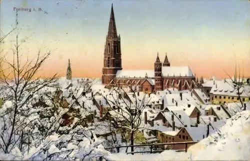 Ak Freiburg im Breisgau, Teilansicht, Kirche, Winter