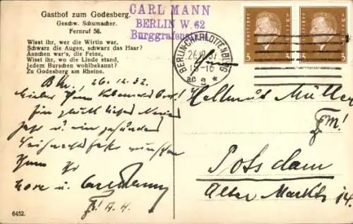 Ak Bad Godesberg Bonn am Rhein, Gasthof zum Godesberg, Gedicht Ännchen, Godesburg