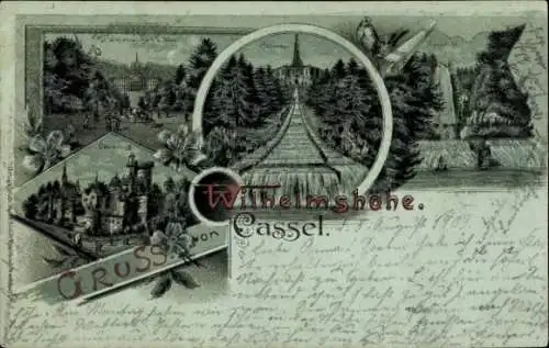 Mondschein Litho Bad Wilhelmshöhe Kassel in Hessen, Löwenburg, Cascaden
