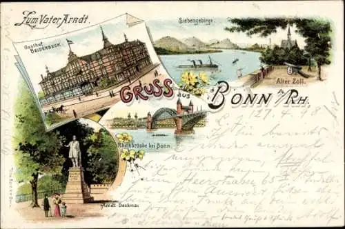 Litho Bonn am Rhein, Gasthof Beiderbeck, Alter Zoll, Rheinbrücke, Arndt Denkmal