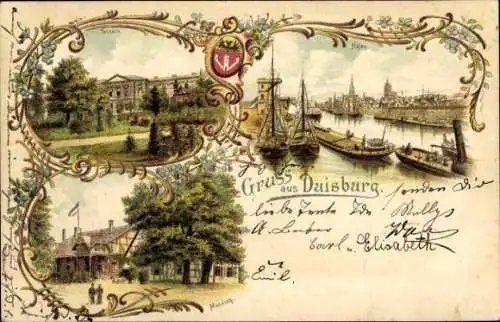 Litho Duisburg im Ruhrgebiet, Tonhalle, Hafen, Monning, Wappen