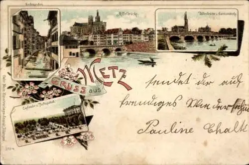 Litho Metz Moselle, Mittebrücke, Esplanade, Totenbrücke, Garnisonskirche