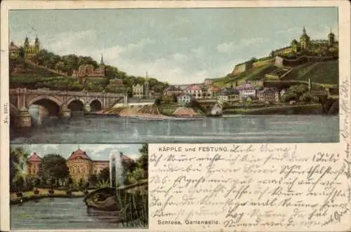 Litho Würzburg am Main Unterfranken, Käpple, Festung, Schloss von der Gartenseite