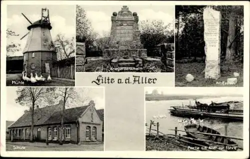 Ak Eilte Ahlden in Niedersachsen, Mühle, Kriegerdenkmal, Wolfsstein, Schule, an der Aller, Fähre