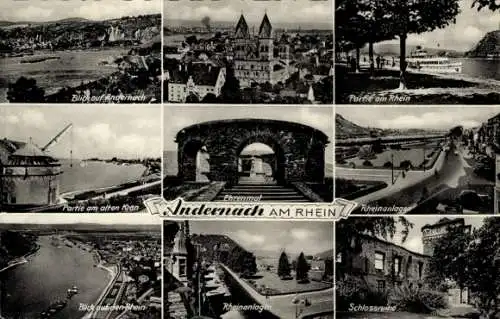 Ak Andernach am Rhein, Gesamtansicht, Ehrenmal, alter Kran, Rheinanlagen, Schlossruine