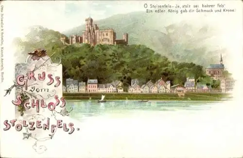 Litho Stolzenfels Koblenz am Rhein, Blick auf den Ort und Schloss