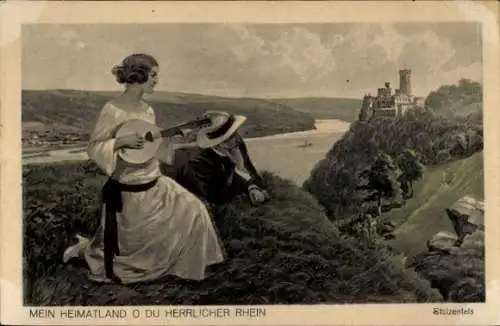 Ak Stolzenfels Koblenz am Rhein, Frau, Laute, Mann, Panorama, Rheinliederserie Nr. 20