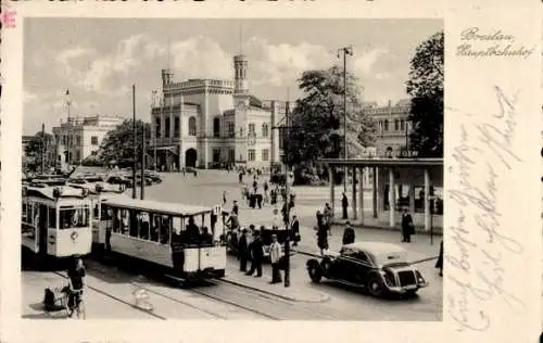 Ak Wrocław Breslau Schlesien, Hauptbahnhof, Straßenbahn Linie 11 und 7, Dworzec Główny