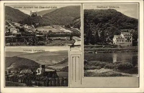Ak Obernhof an der Lahn, Kloster Arnstein, Gasthaus Gödecke, Schloss Langenau