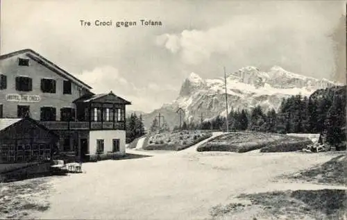 Ak Bozen Bolzano Südtirol, Hotel Tre Croci gegen Tofana